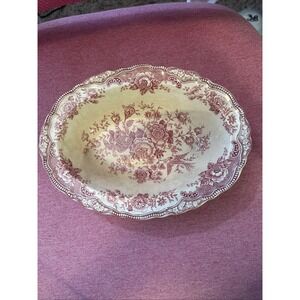 Vintage Crown Ducal Bristol Oval Serving Bowl Pink Red Transferware England 10"